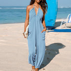 Sexy Deep V-neck Pleated Women Jumpsuit 2025 Spring Fashion Solid Pocket Romper Playsuit Summer Hollow Backless Lace-up Overalls