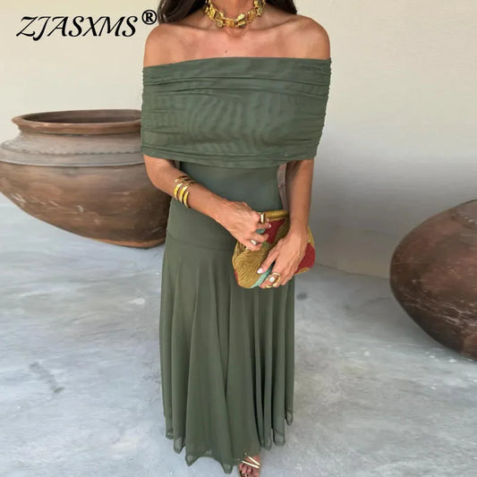 Elegant Off Shoulder Splicing Mesh Party Dresses Woman Sexy Strapless Solid Pleated Long Dress Summer Backless Hollow Boho Dress