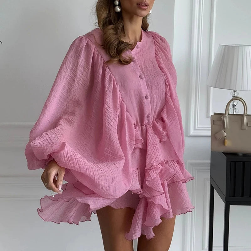 Spring Lantern Long Sleeve Commuting Dress Woman Elegant O Neck Button Mini Short Dresses Summer Solid Ruffled Irregular Dresses
