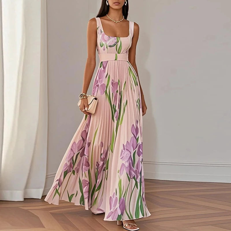 New Women's Sleeveless Straps Summer Dress Elegant Floral Print Pleated Long Dresses Spring Square Collar High Waist Party Dress