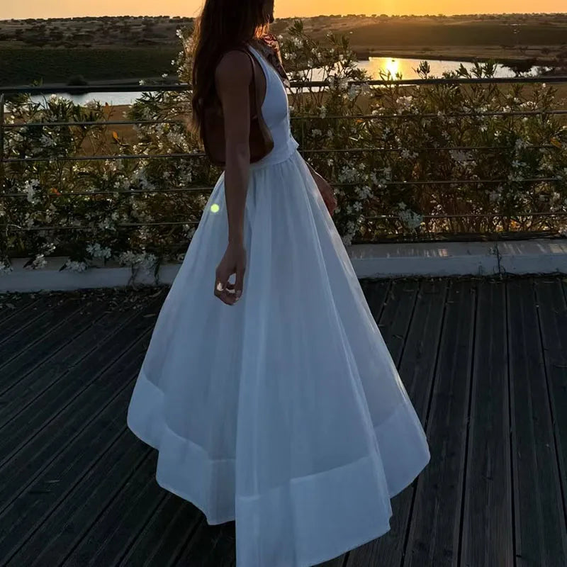 White Sexy Deep V Neck Button Vacation Dress Woman Spring Solid Spliced Pleated Long Dress Summer Backless Sleeveless Vest Dress