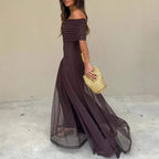 Elegant Off Shoulder Splicing Mesh Party Dresses Woman Sexy Strapless Solid Pleated Long Dress Summer Backless Hollow Boho Dress