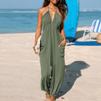 Sexy Deep V-neck Pleated Women Jumpsuit 2025 Spring Fashion Solid Pocket Romper Playsuit Summer Hollow Backless Lace-up Overalls