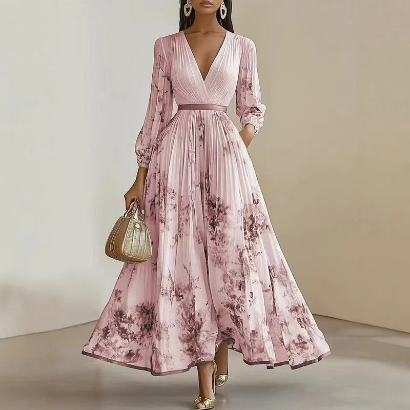 Spring Long-sleeved High Waist Pleated Dress Robes for Woman Sexy V Neck Hollow Long Party Dress Fashion Floral Print Maxi Dress