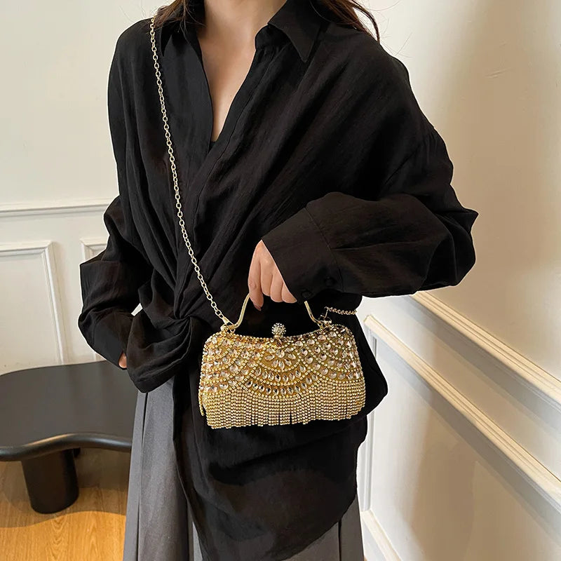 MOODS Rhinestone Tassel Evening Banquet Bag Glitter Ladies Clutch Purse With Chain Wedding Dinner Party Luxury Designer Handbags