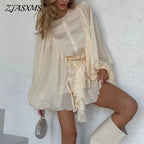 Spring Lantern Long Sleeve Commuting Dress Woman Elegant O Neck Button Mini Short Dresses Summer Solid Ruffled Irregular Dresses