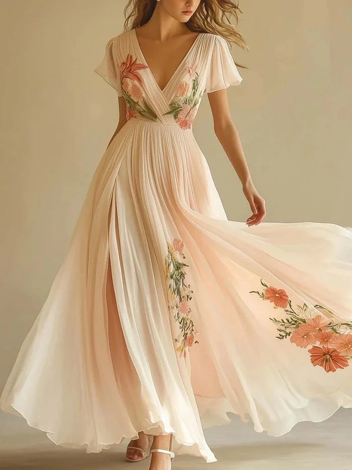 Women's Clothing Trend 2025 Summer Short Sleeve High Waist Dresses Sexy V Neck Floral Printed Boho Holiday Dress Vestidos