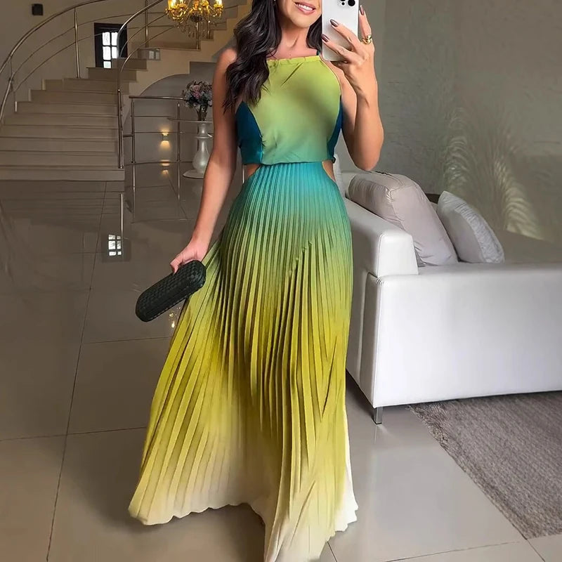 Spring Gradient Print Pleated Dresses Woman 2025 New Halter Tie-up Backless Long Dress Summer Sleeveless Hollow Boho Party Dress