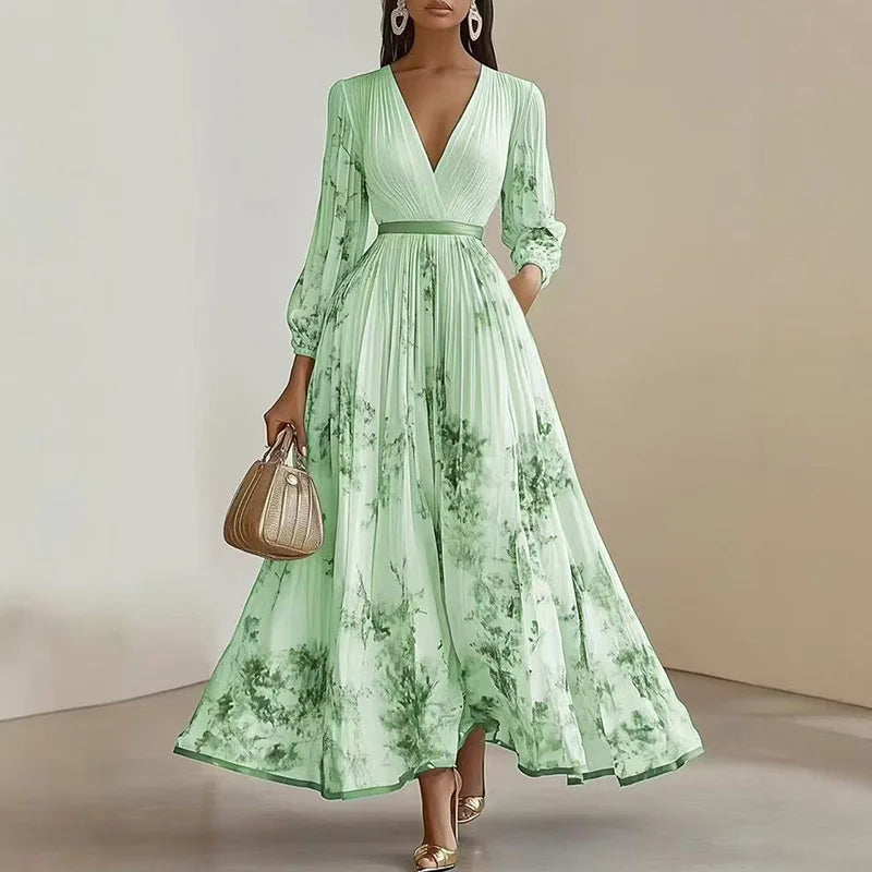 Spring Long-sleeved High Waist Pleated Dress Robes for Woman Sexy V Neck Hollow Long Party Dress Fashion Floral Print Maxi Dress