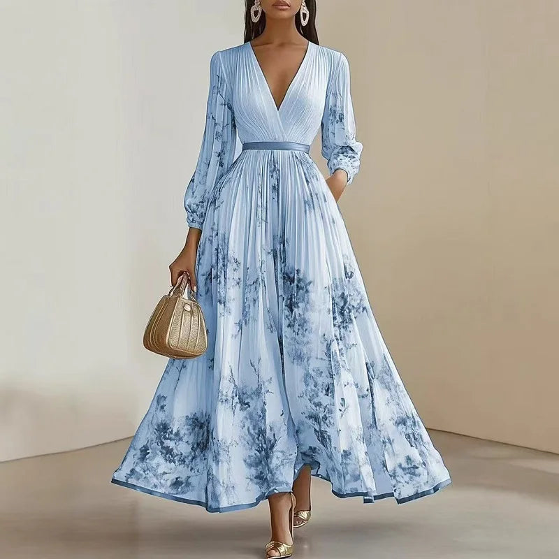 Spring Long-sleeved High Waist Pleated Dress Robes for Woman Sexy V Neck Hollow Long Party Dress Fashion Floral Print Maxi Dress