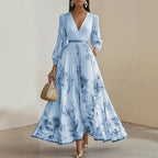 Spring Long-sleeved High Waist Pleated Dress Robes for Woman Sexy V Neck Hollow Long Party Dress Fashion Floral Print Maxi Dress