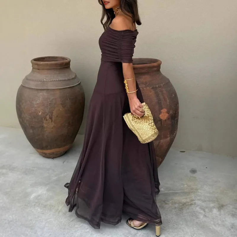 Elegant Off Shoulder Splicing Mesh Party Dresses Woman Sexy Strapless Solid Pleated Long Dress Summer Backless Hollow Boho Dress