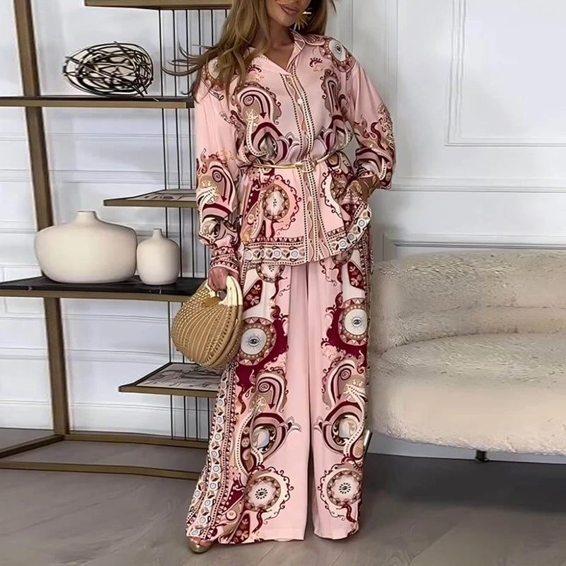Fashion Graffiti Print Two Piece Outfits Woman Elegant Button Lapel Shirt Top & Wide Leg Pant Sets Spring Long Sleeve Loose Suit