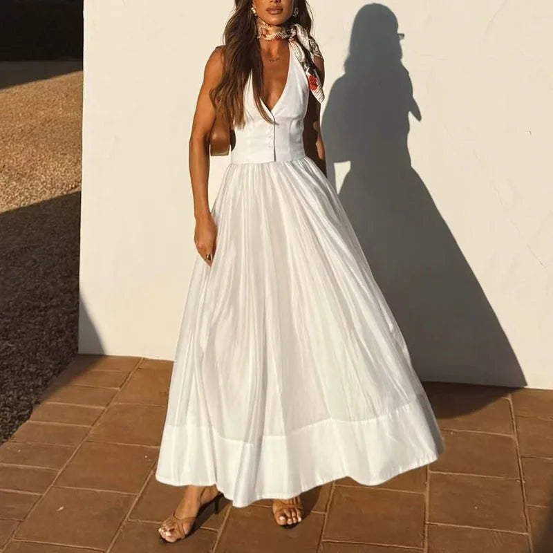 White Sexy Deep V Neck Button Vacation Dress Woman Spring Solid Spliced Pleated Long Dress Summer Backless Sleeveless Vest Dress
