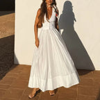 White Sexy Deep V Neck Button Vacation Dress Woman Spring Solid Spliced Pleated Long Dress Summer Backless Sleeveless Vest Dress