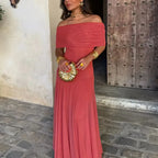 Elegant Off Shoulder Splicing Mesh Party Dresses Woman Sexy Strapless Solid Pleated Long Dress Summer Backless Hollow Boho Dress