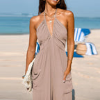 Sexy Deep V-neck Pleated Women Jumpsuit 2025 Spring Fashion Solid Pocket Romper Playsuit Summer Hollow Backless Lace-up Overalls