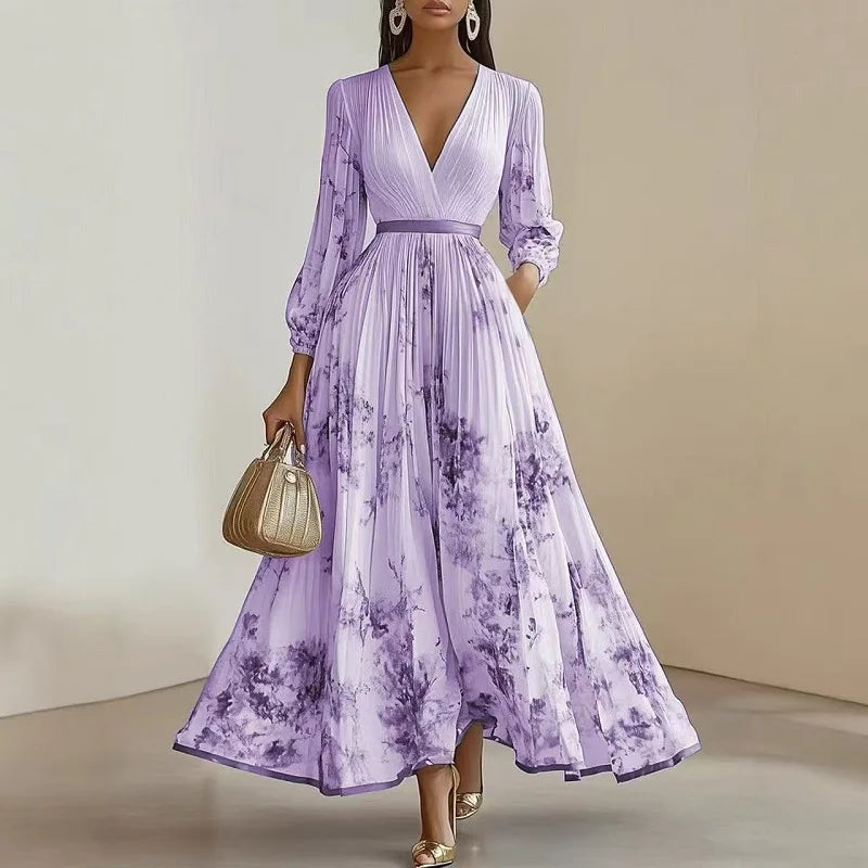 Spring Long-sleeved High Waist Pleated Dress Robes for Woman Sexy V Neck Hollow Long Party Dress Fashion Floral Print Maxi Dress