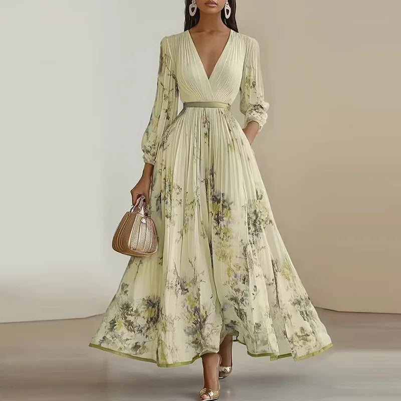 Spring Long-sleeved High Waist Pleated Dress Robes for Woman Sexy V Neck Hollow Long Party Dress Fashion Floral Print Maxi Dress