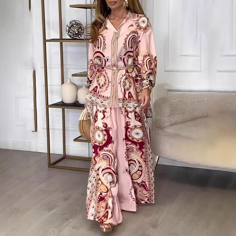 Fashion Graffiti Print Two Piece Outfits Woman Elegant Button Lapel Shirt Top & Wide Leg Pant Sets Spring Long Sleeve Loose Suit