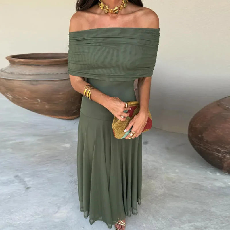 Elegant Off Shoulder Splicing Mesh Party Dresses Woman Sexy Strapless Solid Pleated Long Dress Summer Backless Hollow Boho Dress