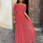 Elegant Off Shoulder Splicing Mesh Party Dresses Woman Sexy Strapless Solid Pleated Long Dress Summer Backless Hollow Boho Dress