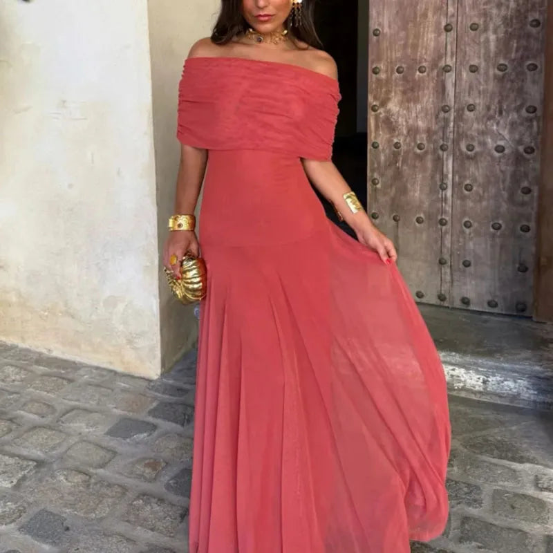 Elegant Off Shoulder Splicing Mesh Party Dresses Woman Sexy Strapless Solid Pleated Long Dress Summer Backless Hollow Boho Dress