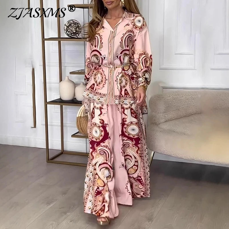 Fashion Graffiti Print Two Piece Outfits Woman Elegant Button Lapel Shirt Top & Wide Leg Pant Sets Spring Long Sleeve Loose Suit