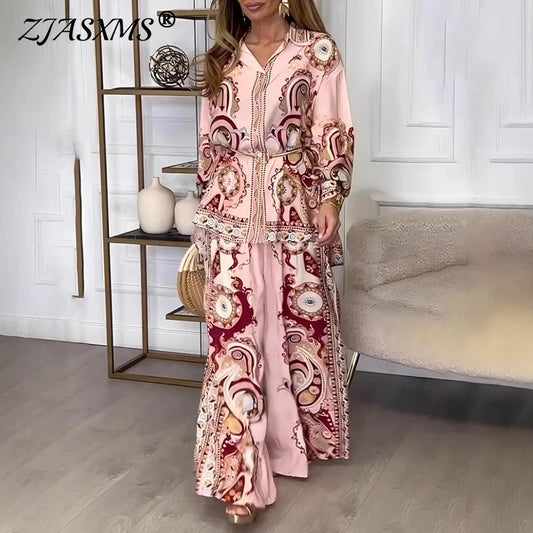 Fashion Graffiti Print Two Piece Outfits Woman Elegant Button Lapel Shirt Top & Wide Leg Pant Sets Spring Long Sleeve Loose Suit