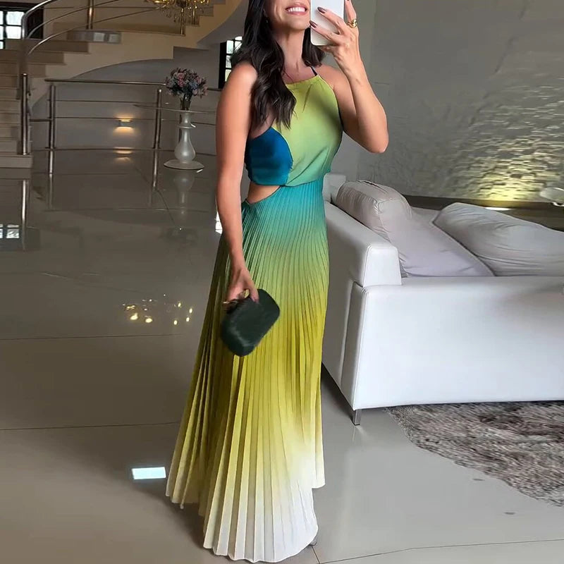 Spring Gradient Print Pleated Dresses Woman 2025 New Halter Tie-up Backless Long Dress Summer Sleeveless Hollow Boho Party Dress