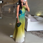 Spring Gradient Print Pleated Dresses Woman 2025 New Halter Tie-up Backless Long Dress Summer Sleeveless Hollow Boho Party Dress