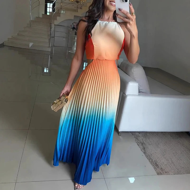 Spring Gradient Print Pleated Dresses Woman 2025 New Halter Tie-up Backless Long Dress Summer Sleeveless Hollow Boho Party Dress