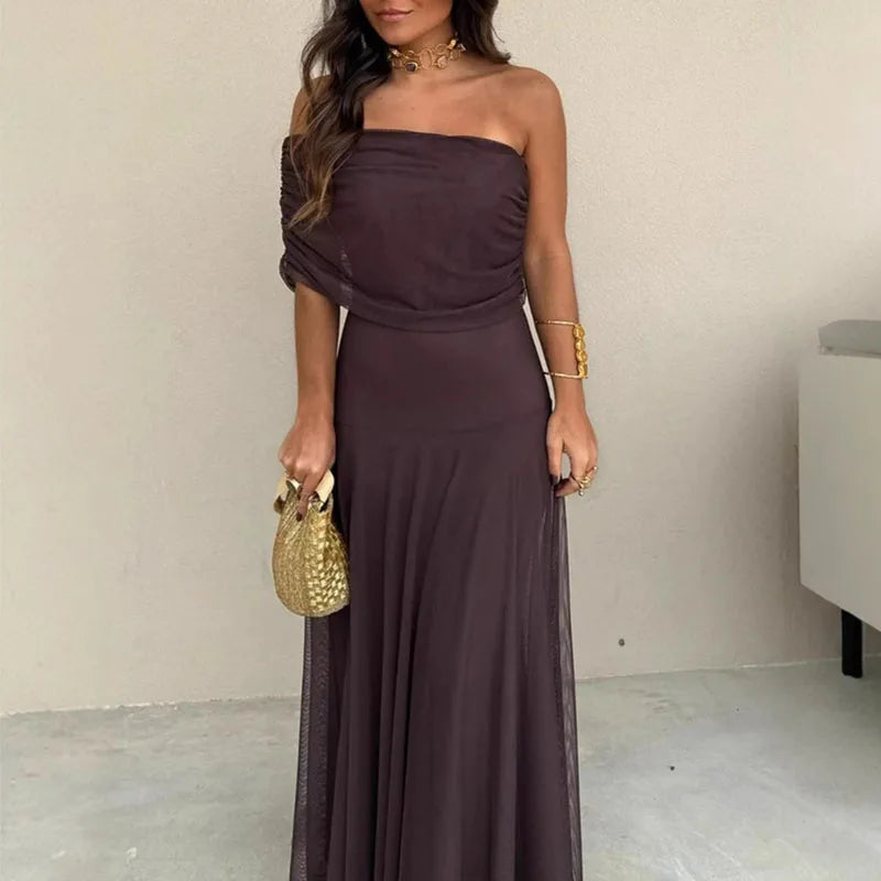 Elegant Off Shoulder Splicing Mesh Party Dresses Woman Sexy Strapless Solid Pleated Long Dress Summer Backless Hollow Boho Dress