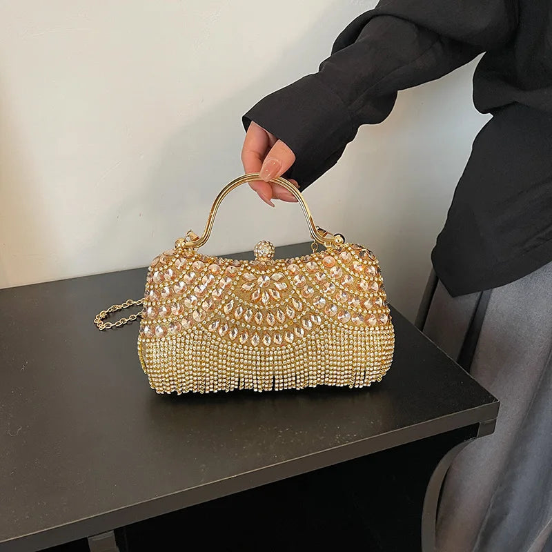 MOODS Rhinestone Tassel Evening Banquet Bag Glitter Ladies Clutch Purse With Chain Wedding Dinner Party Luxury Designer Handbags