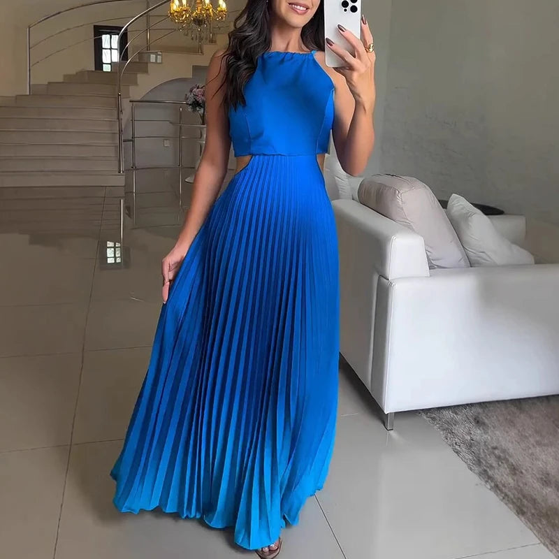 Spring Gradient Print Pleated Dresses Woman 2025 New Halter Tie-up Backless Long Dress Summer Sleeveless Hollow Boho Party Dress