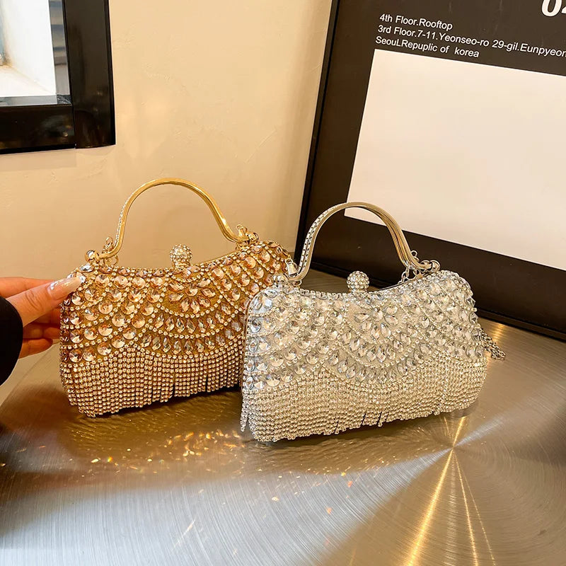 MOODS Rhinestone Tassel Evening Banquet Bag Glitter Ladies Clutch Purse With Chain Wedding Dinner Party Luxury Designer Handbags