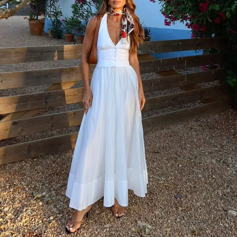 White Sexy Deep V Neck Button Vacation Dress Woman Spring Solid Spliced Pleated Long Dress Summer Backless Sleeveless Vest Dress