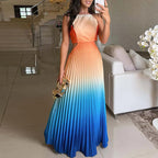 Spring Gradient Print Pleated Dresses Woman 2025 New Halter Tie-up Backless Long Dress Summer Sleeveless Hollow Boho Party Dress