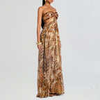 Sexy Sling Backless Pleated Long Dress Woman Elegant Boho Print Hollow Strapless A-Line Dress Holiday Sleeveless Lace Up Dresses