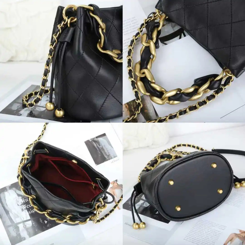 Bolsa balde de pele de carneiro de couro genuíno bolsa feminina padrão de diamante bolsa de corrente crossbody forro de algodão macio fivela magnética