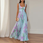 New Women's Sleeveless Straps Summer Dress Elegant Floral Print Pleated Long Dresses Spring Square Collar High Waist Party Dress