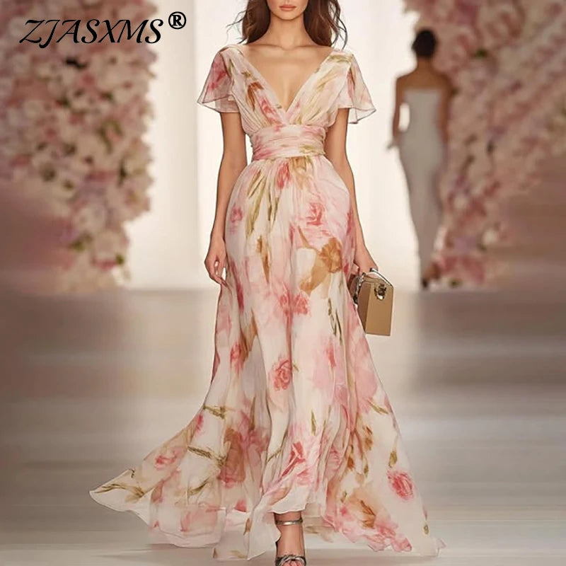 Boho Style Elegant Floral Print Long Dress Woman Spring V Neck High Waist Party Dress Summer Short Sleeve Zip Maxi Dress Vestido