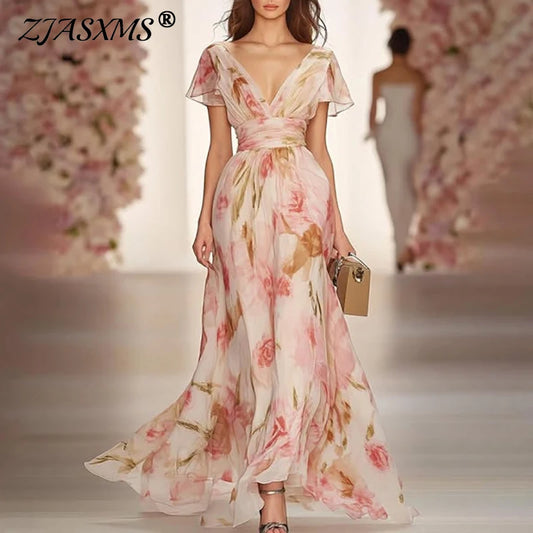Boho Style Elegant Floral Print Long Dress Woman Spring V Neck High Waist Party Dress Summer Short Sleeve Zip Maxi Dress Vestido