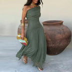 Elegant Off Shoulder Splicing Mesh Party Dresses Woman Sexy Strapless Solid Pleated Long Dress Summer Backless Hollow Boho Dress