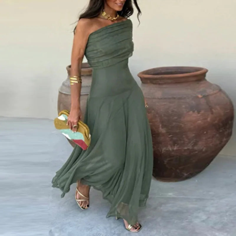 Elegant Off Shoulder Splicing Mesh Party Dresses Woman Sexy Strapless Solid Pleated Long Dress Summer Backless Hollow Boho Dress