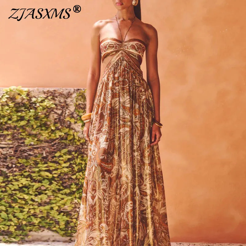Sexy Sling Backless Pleated Long Dress Woman Elegant Boho Print Hollow Strapless A-Line Dress Holiday Sleeveless Lace Up Dresses