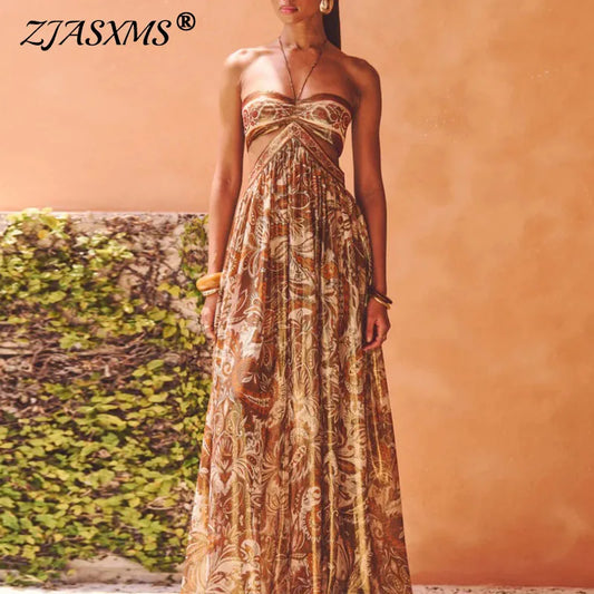 Sexy Sling Backless Pleated Long Dress Woman Elegant Boho Print Hollow Strapless A-Line Dress Holiday Sleeveless Lace Up Dresses