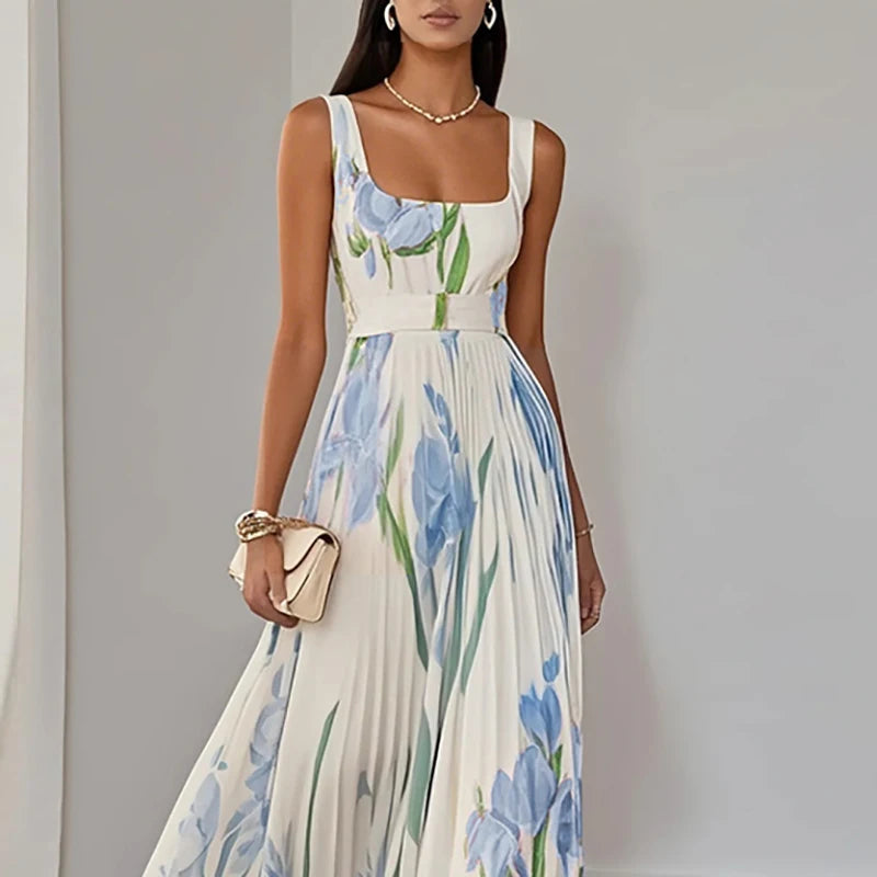 New Women's Sleeveless Straps Summer Dress Elegant Floral Print Pleated Long Dresses Spring Square Collar High Waist Party Dress
