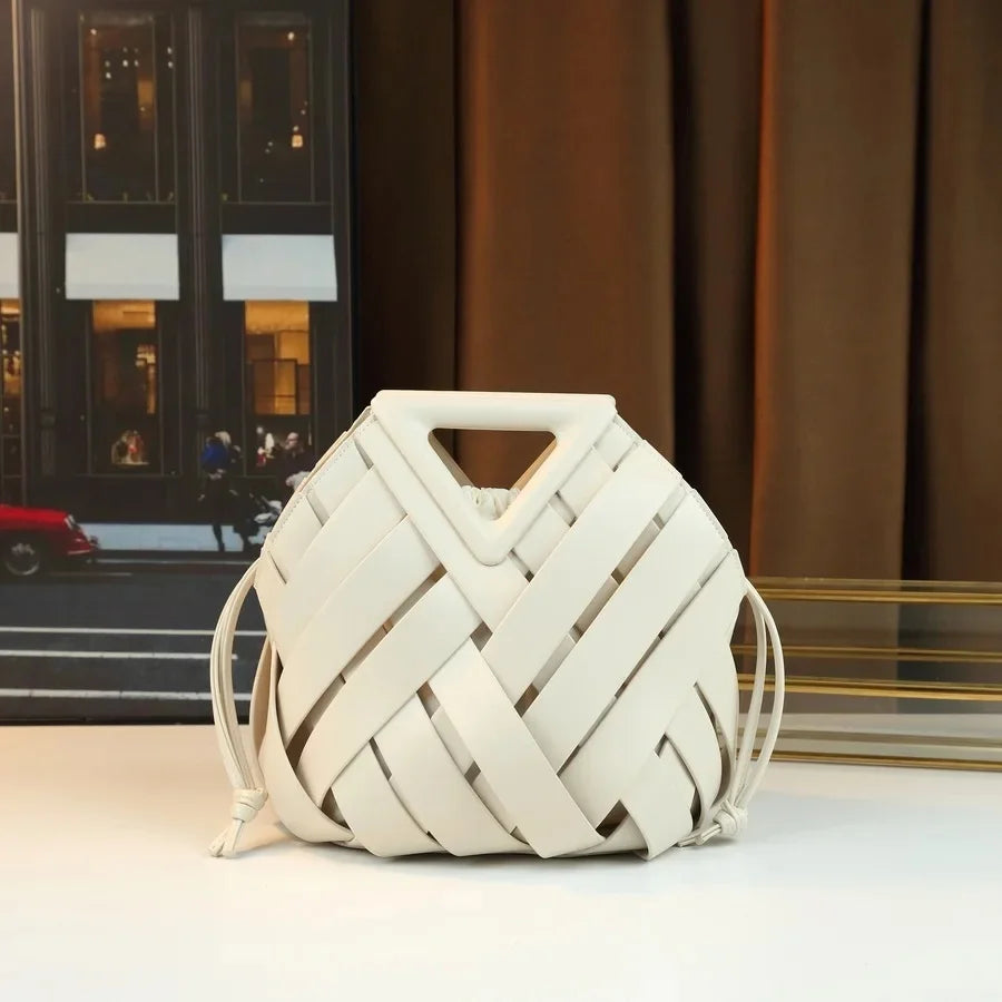 Fashionable Handwoven Leather Bucket Bag 2025 New Style Handheld Crossbody Shoulder Bag with Hollow out Design for Women