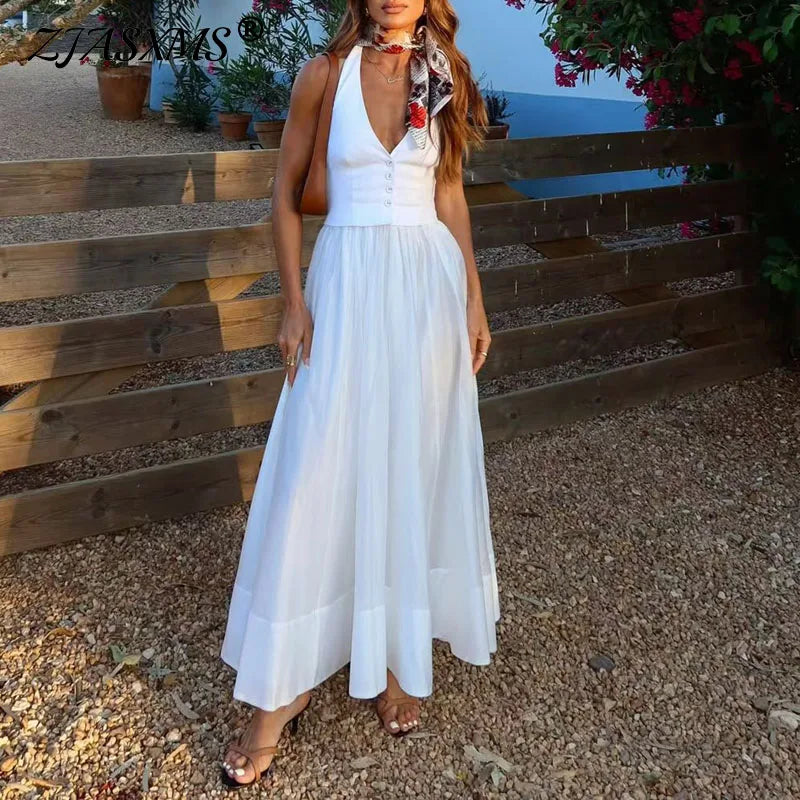 White Sexy Deep V Neck Button Vacation Dress Woman Spring Solid Spliced Pleated Long Dress Summer Backless Sleeveless Vest Dress